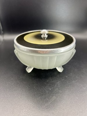 Antique Art Deco Powder Vanity Jar Satin Glass Silver Black Enamel Lid Footed