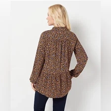 LOGO by Lori Goldstein Brown Blue Button Down Shirt Woven Peplum LS - Size XL