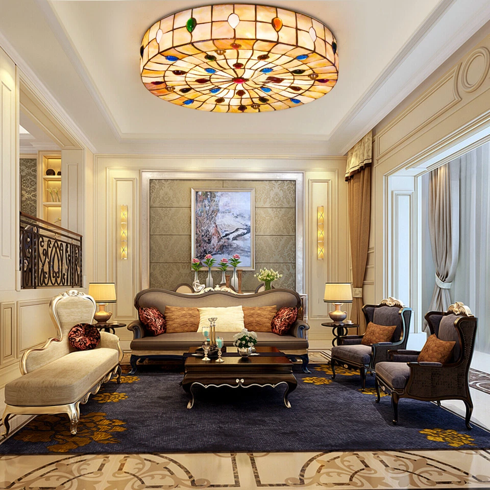 Tiffany Style Vintage Stained Glass Flush Mount Ceiling Light Pendant Lamp - Image 3 of 4