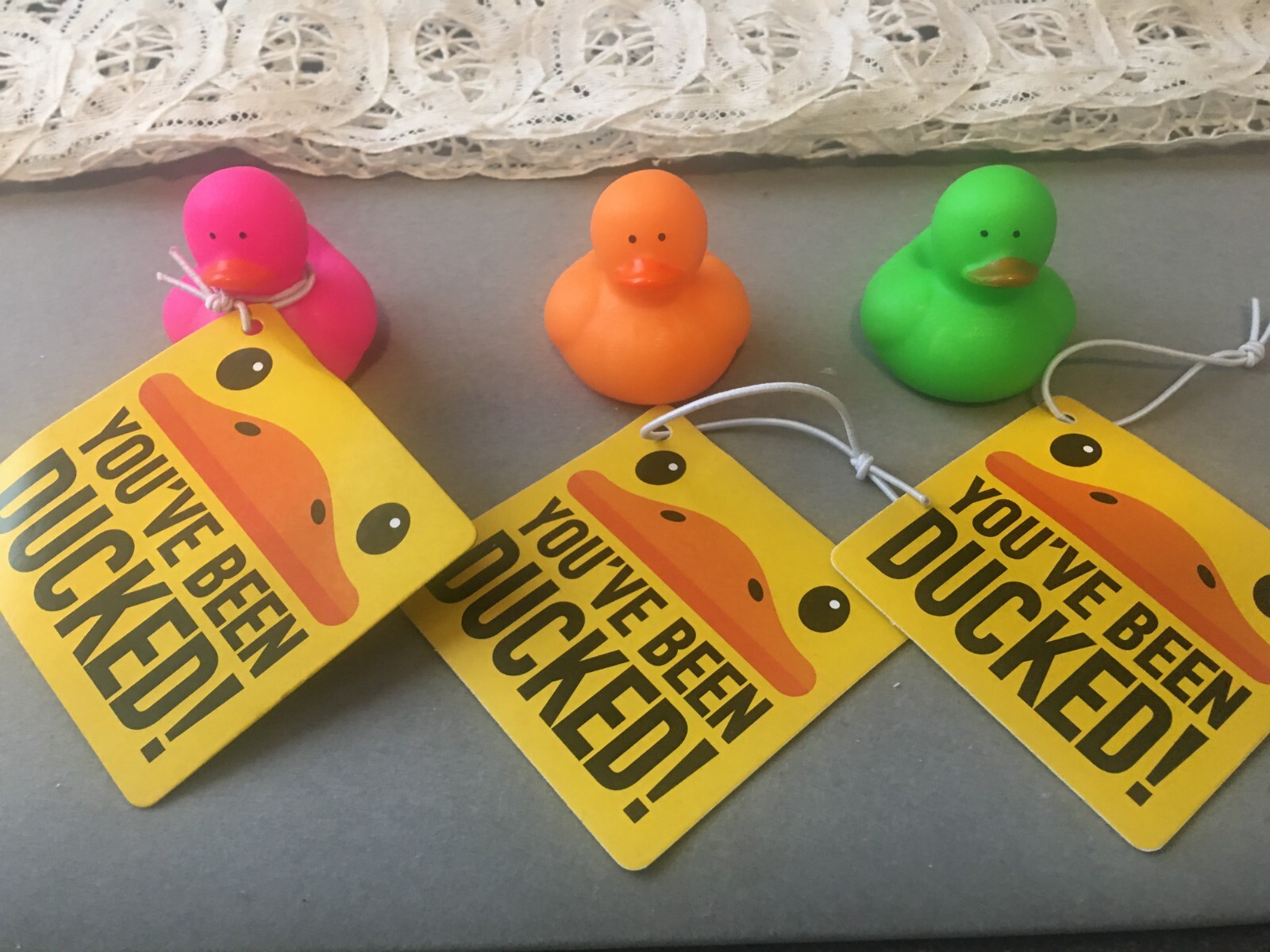 New 3 Lot RUBBER DUCKIES "You've Been Ducked!" Neon Orange Pink Green w/  Cards | eBay
