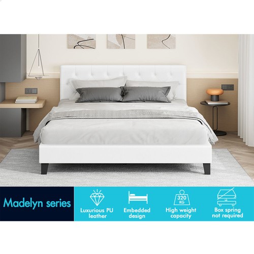 ALFORDSON Bed Frame Double Size Wooden Base Platform Leather White MADELYN - Picture 2 of 12