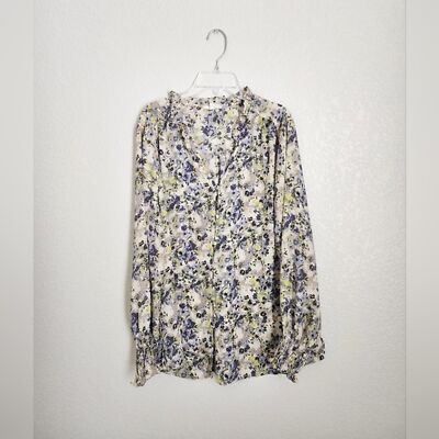 Maurice Women's Sz.14W Yellow Spring Floral Button Front Ruffle Neck Blouse