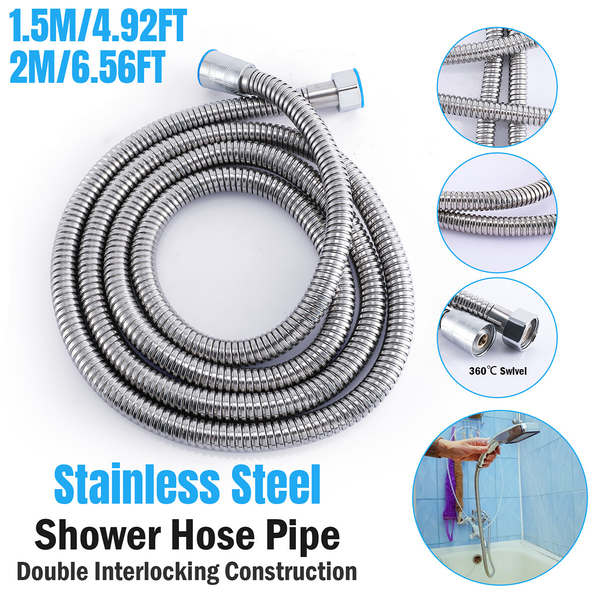 4.9/6.5feet Shower Head Hose Handheld Extra Long Stainless Steel Bathroom Tube