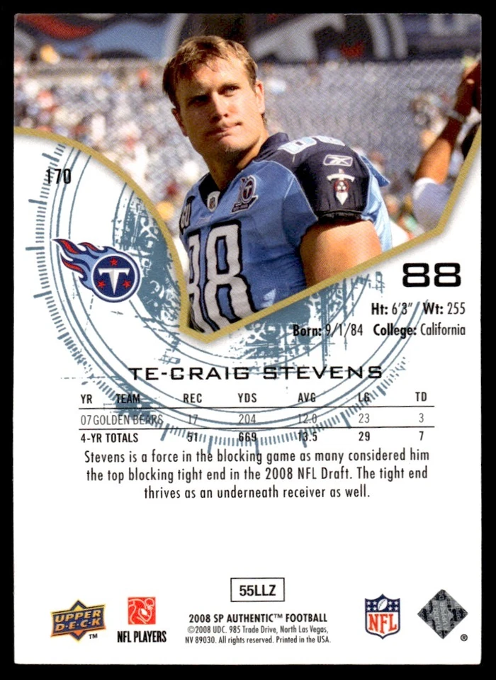 2008 SP Authentic Craig Stevens Rookie 402/999 Tennessee Titans #170 R59 - Image 2 of 2