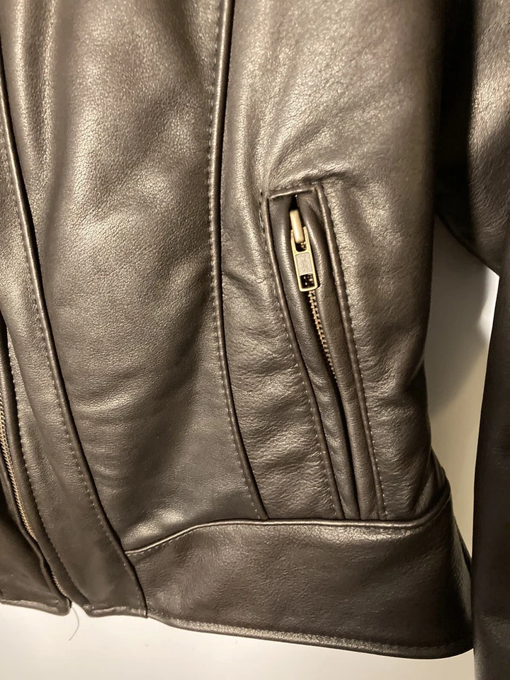 Walter Dyer Womens M Top Leather Biker Jacket-Quilt Lined-Brown-Hand Made in USA - Image 4 of 4