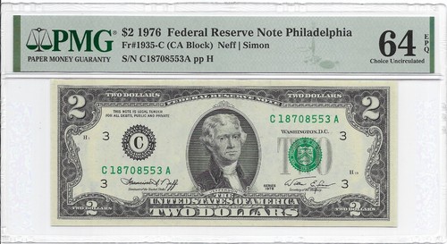 1976 $2 PHILADELPHIA FRN. PMG Choice Uncirculated 64 EPQ Banknote.
