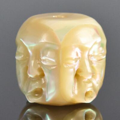 Baby Face Design Cube Bead 14.87mm Carved Turbo Shell Handmade drilled 5.90g