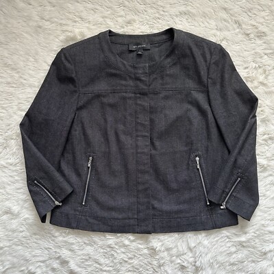 St. John Jacket Full Zip Up 3/4 Sleeves Collarless Pockets Denim Black L