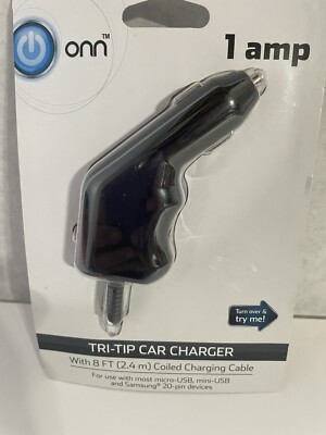 ONN TriTip Car Charger 1 Amp Black Micro Mini USB Samsung 20 Pin Device