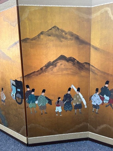 Antique Japanese Byobu Folding Screen Ox Cart & Mountain Scene Gold Leaf Style - Picture 14 of 20
