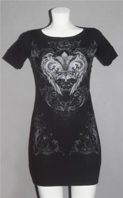 Cleo Scroll Wings Silver Black Rhinestones Banded Bottom S/S Bodycon Dress Wms S