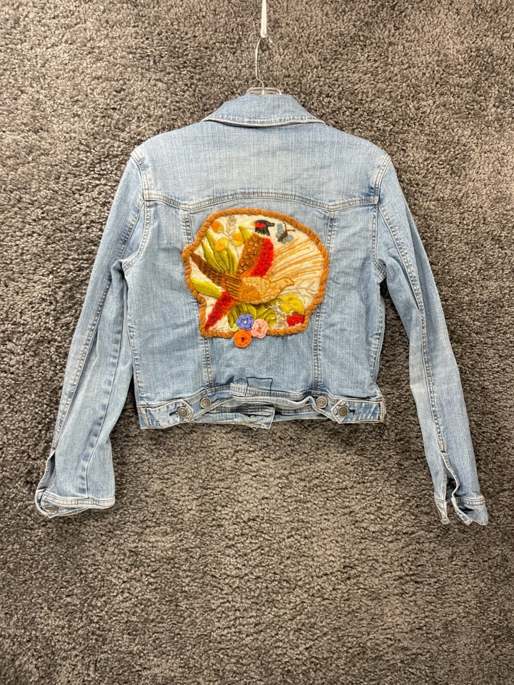 Y2K HYDRAULIC Cropped Jacket Womens Large Blue Denim Cotton Embroidered Pheasant - Image 2 of 4