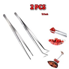 2Pcs 12" Stainless Steel Tweezers Set Straight Curved Tip Long Handle Tool Kit