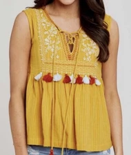 Altar’d State Small Mustard Gold Elodie Embroidered Tassel Sleeveless Tank Top