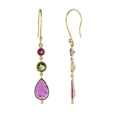 14K Solid Gold Genuine Pink Tourmaline Peridot Diamond Dangle Drop Earrings