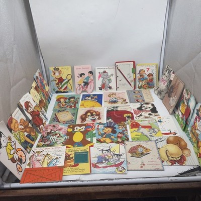 Lot Of 33 Child Kids Birthday Cards 1950-60s Flocking Glitter Feathers Pets