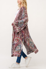 Boho Gypsy Paisley Embroidered Maxi Kimono Hippie Duster Cardigan L Burgundy