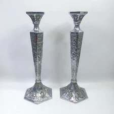 Antique DUTCH REPOUSSE Silverplate CANDLESTICK Candle HOLDER 12" Tall Lot of 2