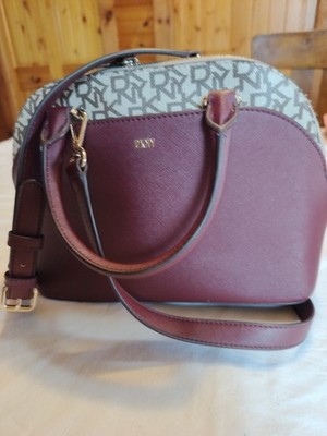 DKNY Maroon Tan Shoulder Bag Adjustable Strap Gold Hardware Medium Size