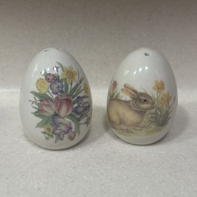 White Glossy Ceramic Egg Salt & Pepper Shakers Set 2pc Floral Rabbit