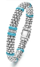 Lagos Silver Station Ceramic Caviar Bracelet blue Diamond 9mm $990 M New 7”