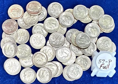 1957-P Roosevelt Silver Dimes Ch BU Full Roll 50 Pieces
