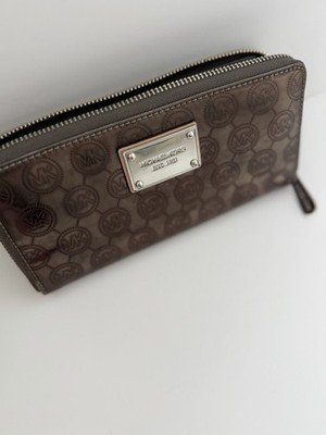 Michael Kors Women's Leather Wallet Dark Gray Brown  Silver Shinny Zip Around