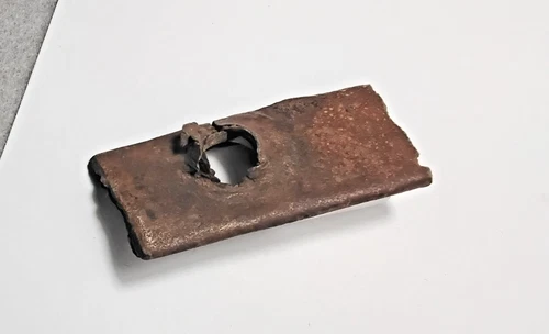 Civil War Relic bullet struck brass scabbard piece dug Central Virginia, $25.00