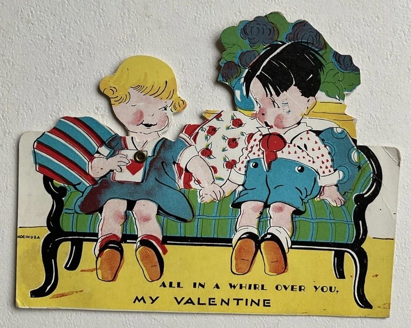 Vtg Mechanical Die Cut Valentine Boy Girl Holding Hands Whirl Over You #b10