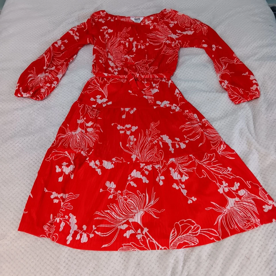Montgomery Ward Vintage Hecho en Unión Rojo Transparente Vestido Midi Mangas Abullonadas Cinturón Foto 3 de 4
