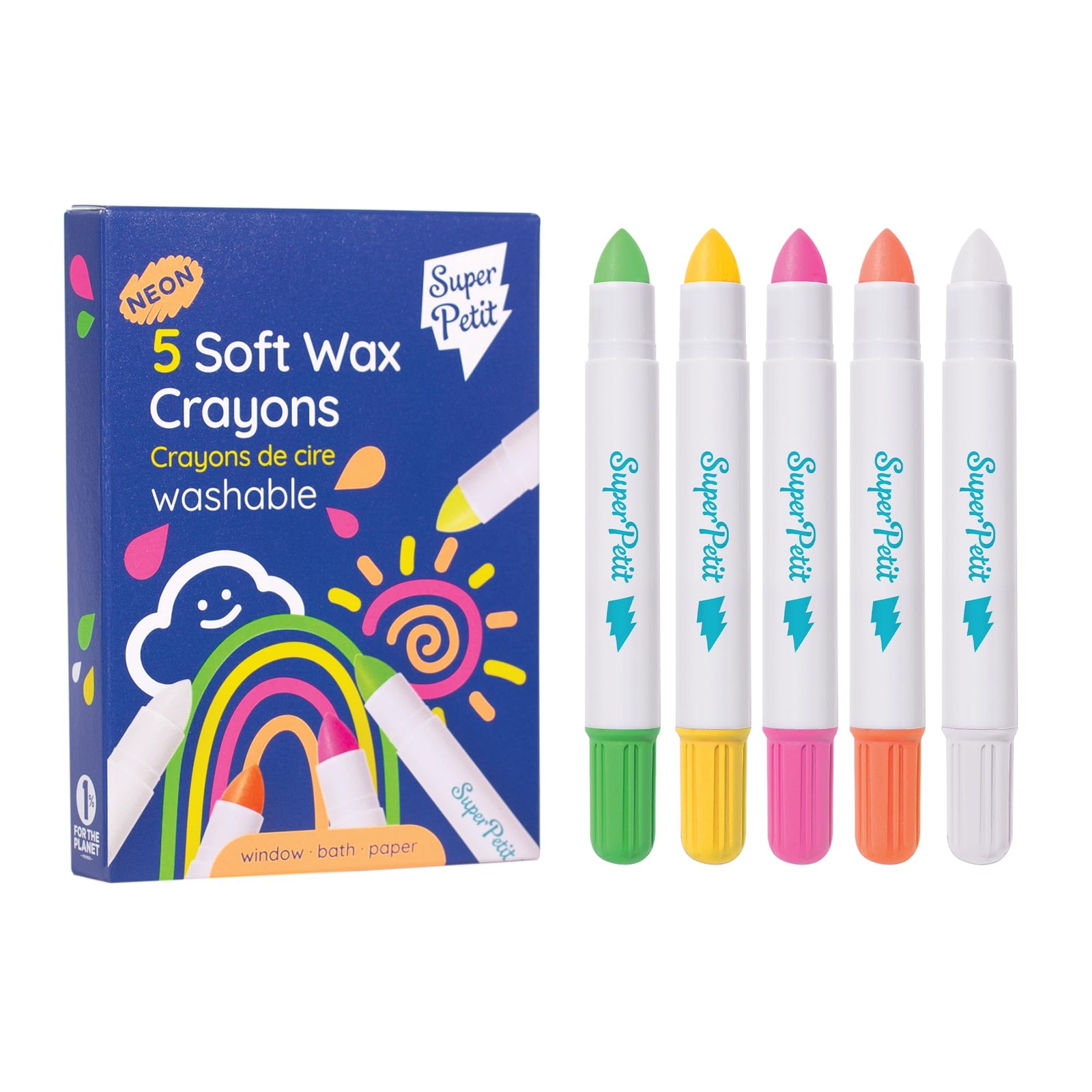 Crayons de cire néon SUPERPETIT : lot de 5 feutres lavables et super doux pour le dessin