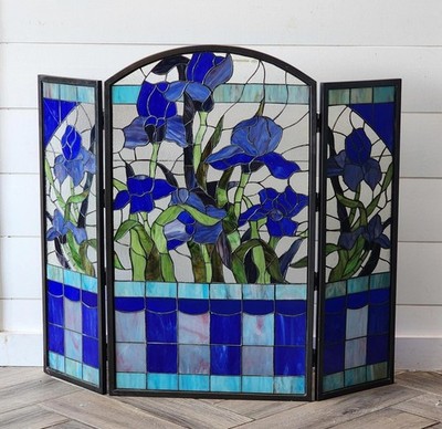 RARE Meyda Tiffany Iris Stained Glass Fireplace Screen - Retails for $4k