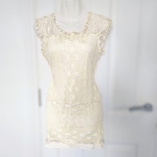 Cream Ivory Lace Mini Dress Sleeveless Vintage Style Lined Boho Party Retro 10