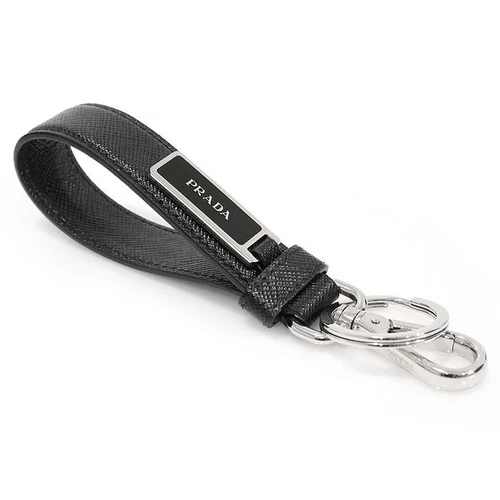 Prada Black Saffiano Leather Enamel Logo Split Ring Keychain Hol 2PP709