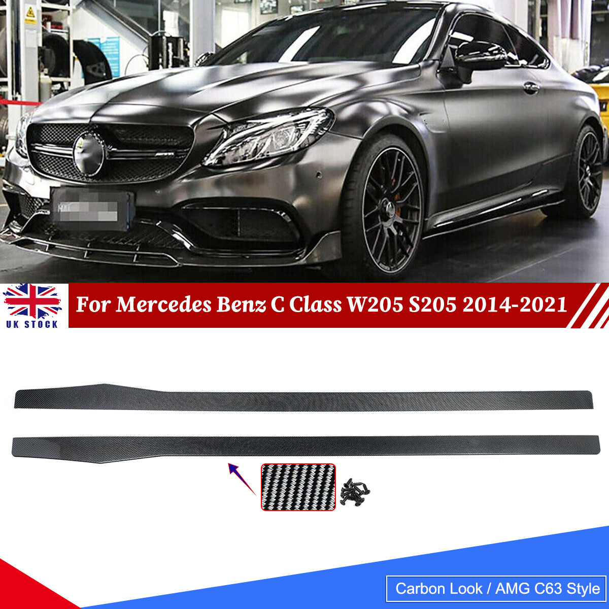 Carbon Look Side skirts Extension For Mercedes C Class W205 S205 C205 A205 14-21