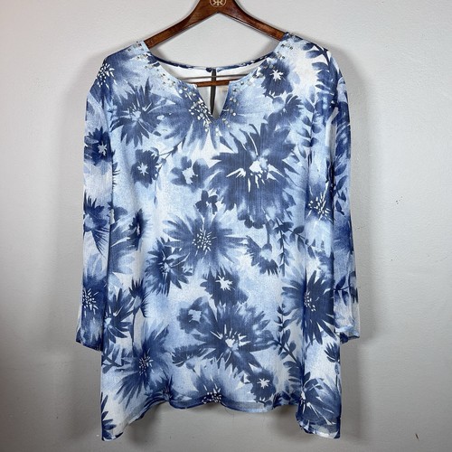 Alfred Dunner Tunic Women’s Size 22W Blue Floral Top 3/4 Open Sleeve Boho Casual - Picture 7 of 14