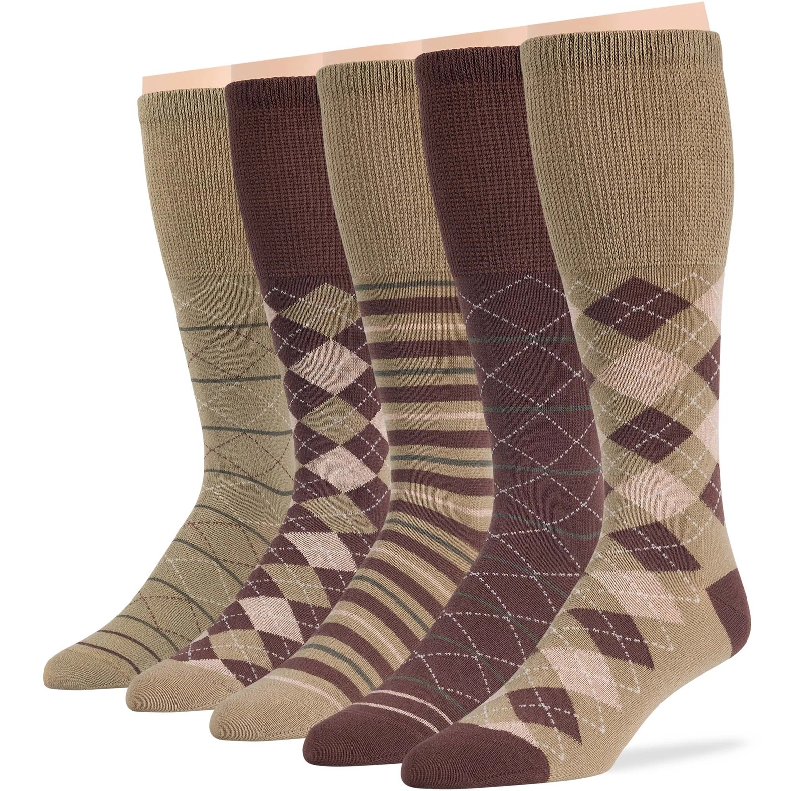 Men Diabetic Cotton Wide Mid-Calf Socks-5 Pack Large- Argyle Stripe Khaki, Brown