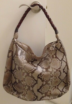 Auth Great Cond REAL natural beige brown PYTHON Carlos Falchi hobo shoulder bag