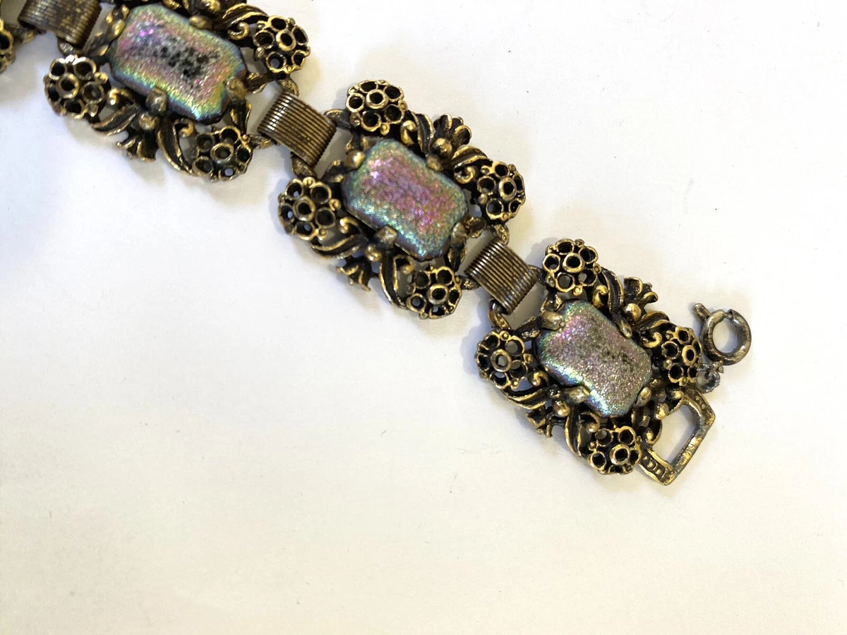 Vintage Judy Lee Gold Tone Moulded Iridescent Glass Bracelet 7 1 2