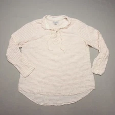 Tommy Bahama Women's Shirt Large Pink 100% Linen Stripe Lace Up Dobby Llama