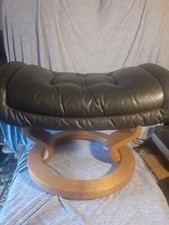 MID CENTURY NORWEGIAN EKORNES "ROYAL" BLACK PALOMA LEATHER /LITE OAK OTTOMAN...