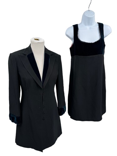 NANETTE LEPORE Black 2pc Dress Jacket Coat Iridescent Velvet Trim Ruffle Size 8 - Picture 2 of 23