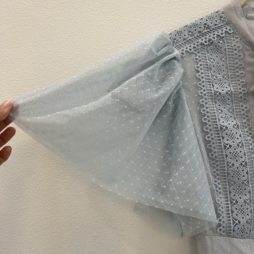 Ivy City Women Dress Small Blue Chiffon Swiss Dot Tie-Neck Lace Short Sleeve - Picture 9 of 11