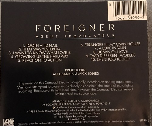 Foreigner Agent Provocateur Artwork (cover, Insert/lyrics) **no CD / No Music - Picture 2 of 3