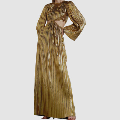 $2365 Rasario Women's Gold Pleated Long-Sleeve Cutout Gown