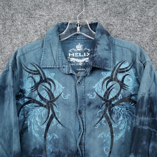 Helix Button Up Shirt Mens L Large Blue Instinct Virtue Tie Dye Long Sleeve Y2K - Picture 3 of 10