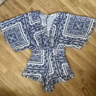 Nasty Gal Blue White Romper Printed Paisley Boho Shorts Plunge Ruffle Porcelain — photo 2