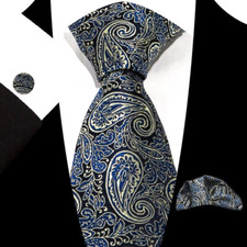 Classic Paisley Brown Blue Jacquard Silk Men's Tie Necktie Hanky Cufflink Set