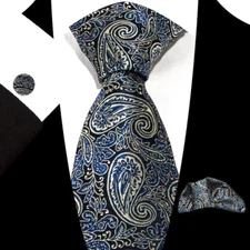 Classic Paisley Brown Blue Jacquard Silk Men's Tie Necktie Hanky Cufflink Set