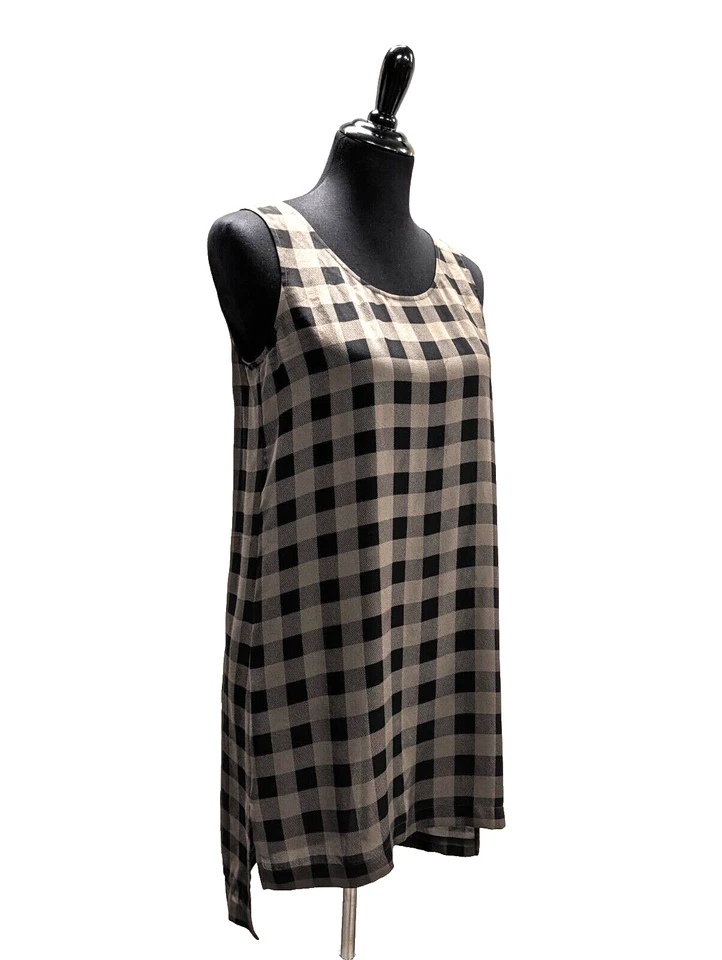 Camiseta sin mangas Eileen Fisher seda búfalo a cuadros XS túnica longitud negro oliva transparente Foto 2 de 4